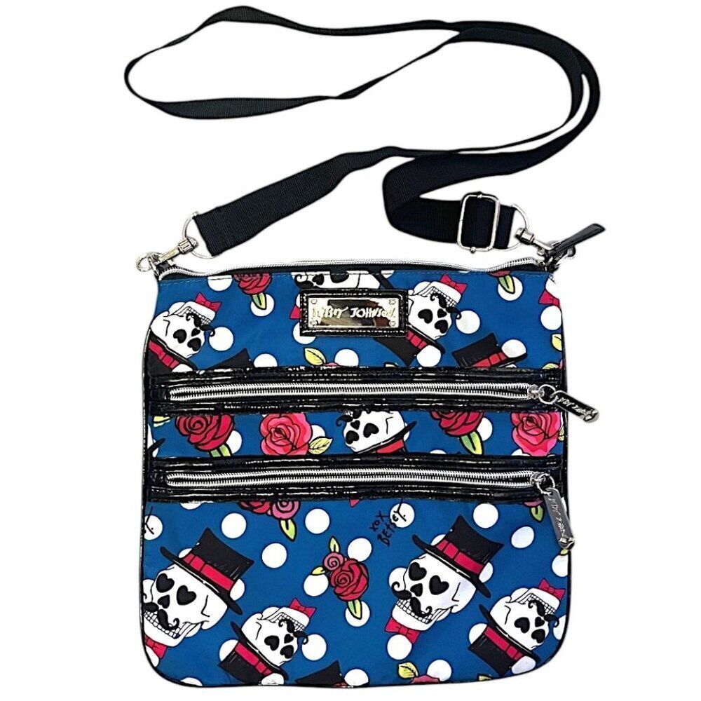 Betsey Johnson Blue & Black Skull Rose Zipper Crossbody Bag